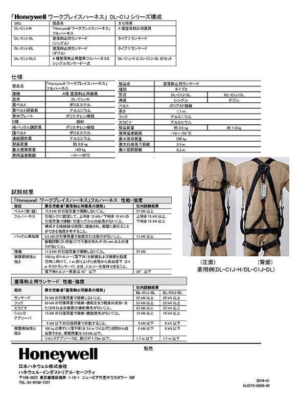 Honeywell ワークプレイスハーネスJ DL-CIJシリーズ構成　ハネウェル 新規格適合 墜落制止用器具 フルハーネス タイプ2・第2種 伸縮ランヤード付き（ダブル・2丁掛け）【セット品】